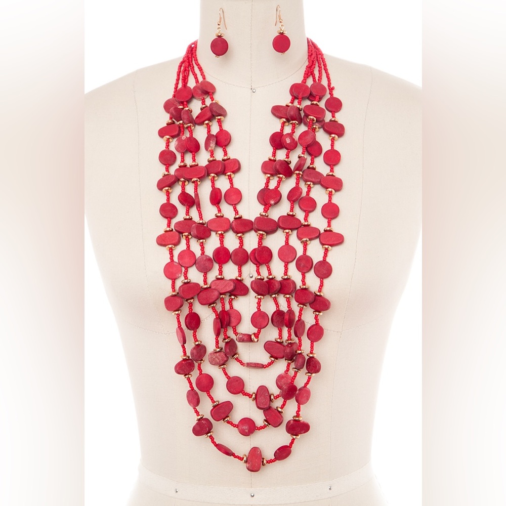 Red & Gold Wooden Disk Multi-Strand Statement Necklace Set